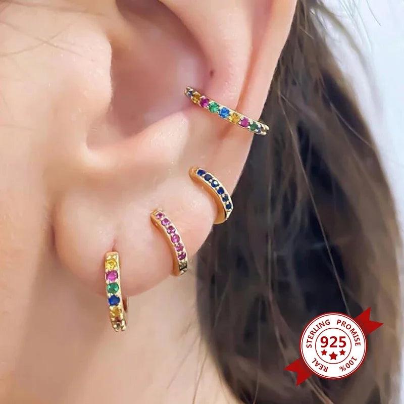 New 925 Sterling Silver Ear Needle Colorful Zircon Retro Hoop Earrings for women Granular Crystal Earrings Fashion Party Jewelry