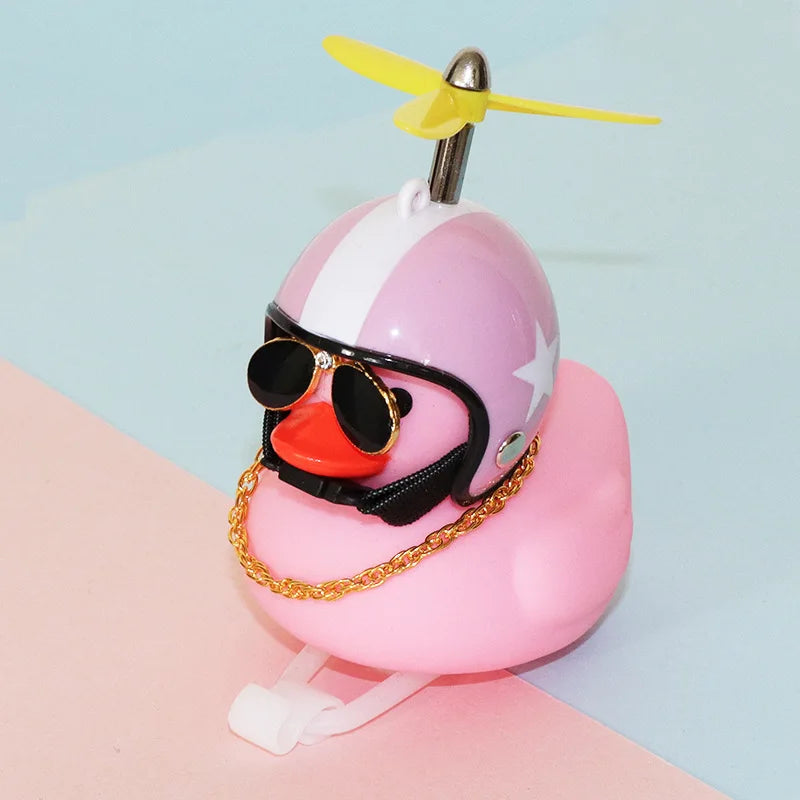 High Quality Pink Rubber Duck Bike Ornament with Sunglasses, gold Chain, propeller for Car Dashboard Bicycle Motorcycle Helmet