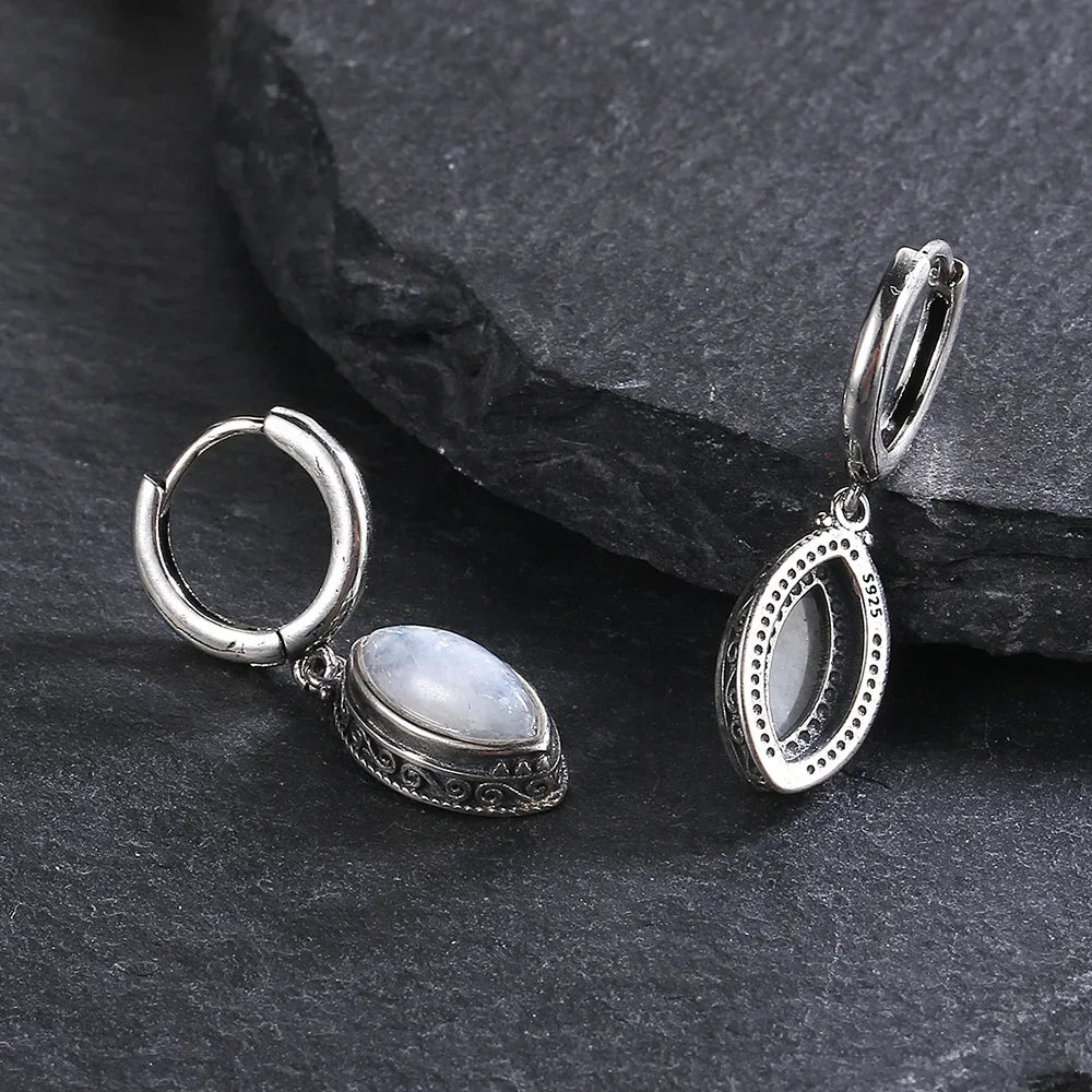 Natural Moonstone Pendant Earrings 925 Sterling Silver Jewelry for Women Fashion Retro Texture Wedding Party Accessories Gift