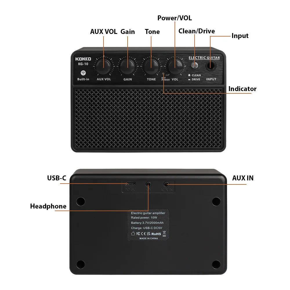 KOKKO 10W Small Electric Guitar Amp Mini Portable Guitar Practice Speaker Rechargeable Portable Practice Audio Guitar Amplifier