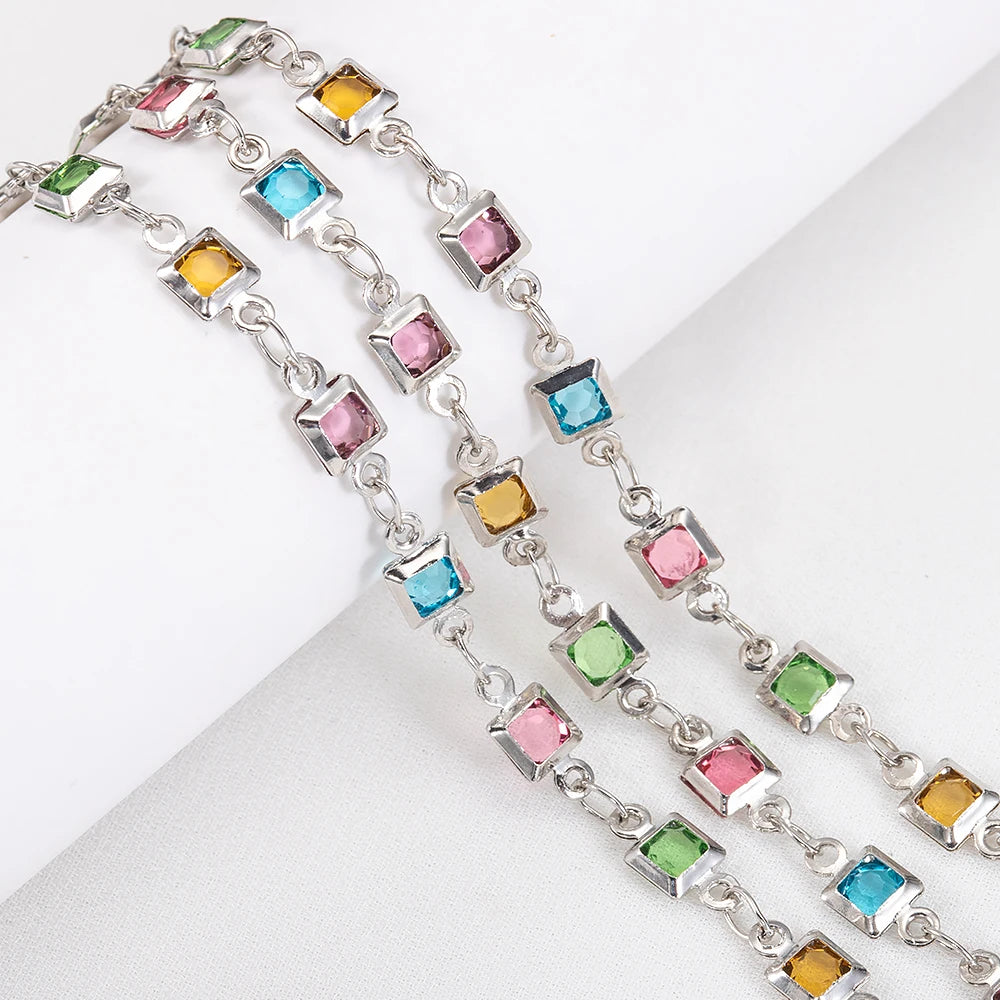 1meter 4mm Square Crystal Bead Copper Chains Dopamine Rhinestone Glass Bead Necklace Chain Supplies for DIY Jewelry Making