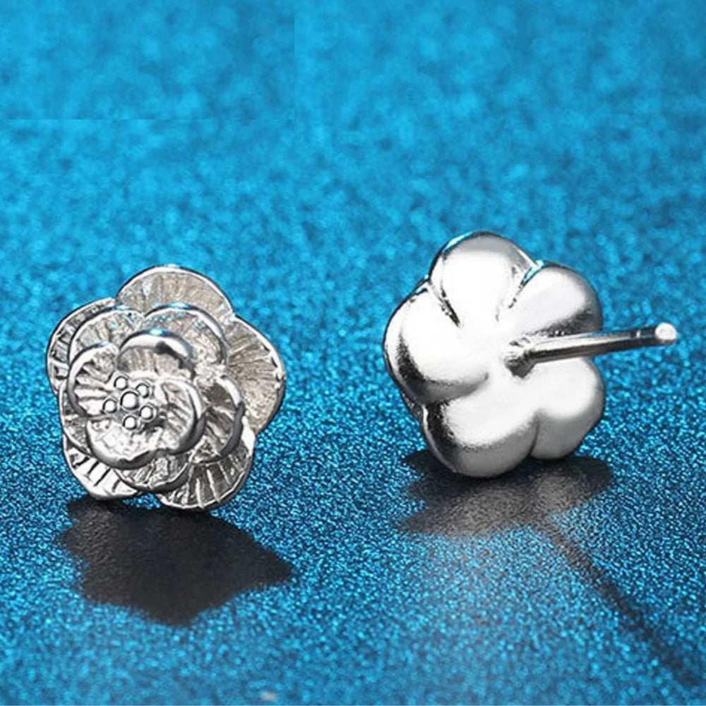 Hot 925 Sterling Silver Pretty rose Flower stud Earrings for Women Fashion classic party wedding Jewelry Holiday gifts