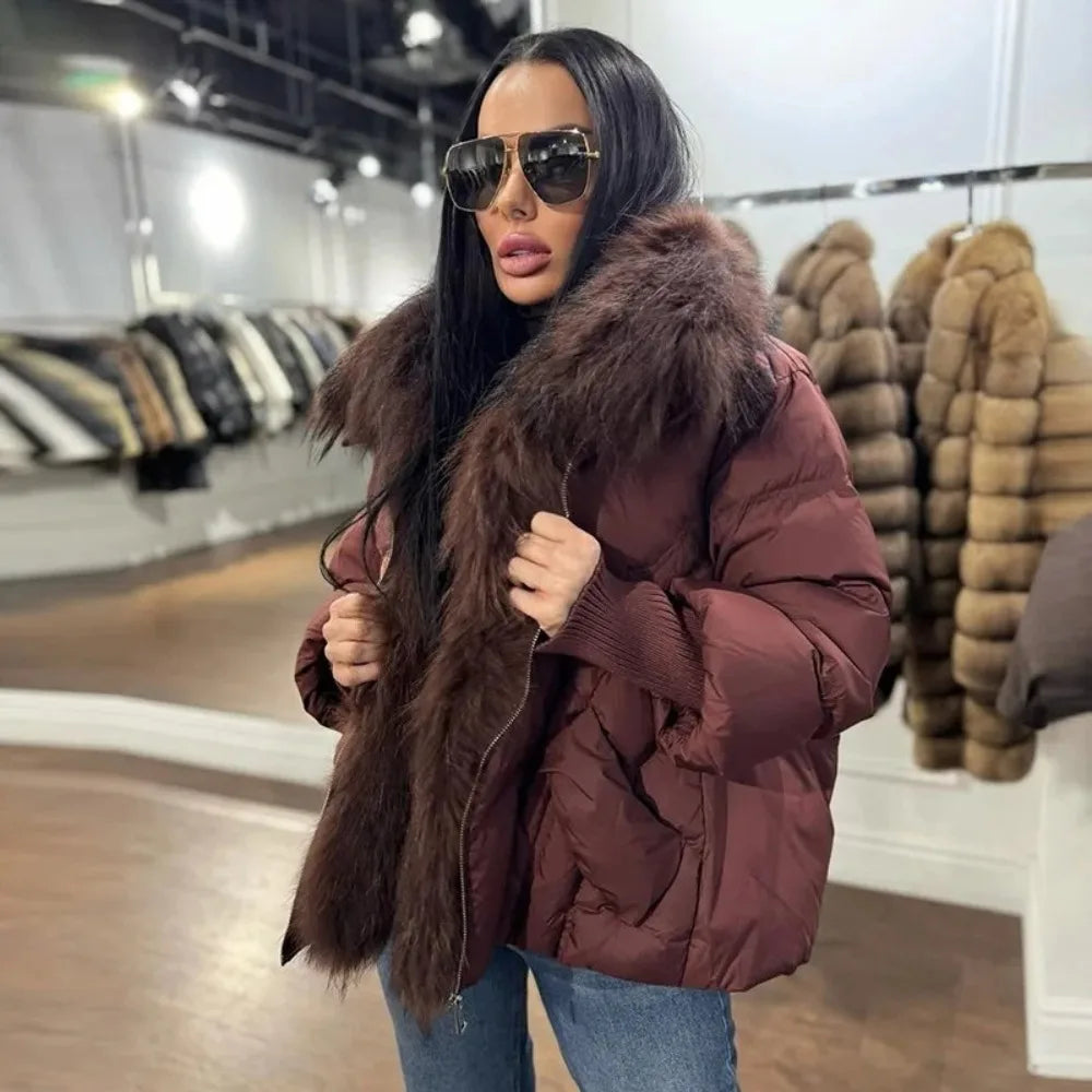 Puffer Coat Women Knit Sleeve Real Fur Coat New Winter Large Real Raccoon Fur White Duck Down Jacket Oversized Feather Parka