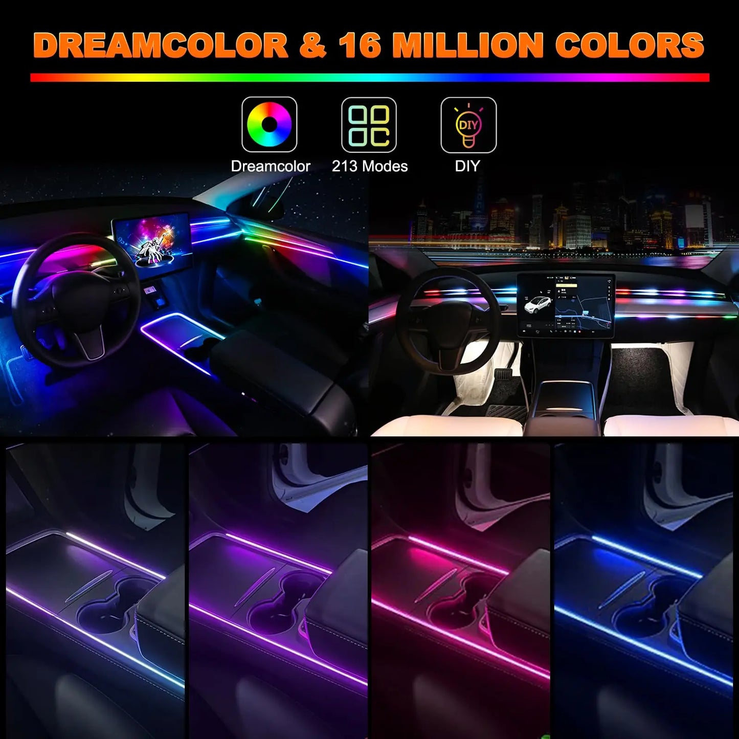 Universal Symphony Car Ambient Lights LED Interior RGB Streamer Atmosphere Lamp USB APP Control Remote for Tesla Model 3 Y S X