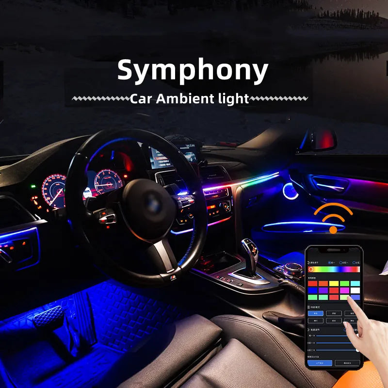 18 In 1 Full Color Streamer Car Ambient Lights RGB 64 Color Universal LED Interior Hidden Acrylic Strip Symphony Atmosphere Lamp