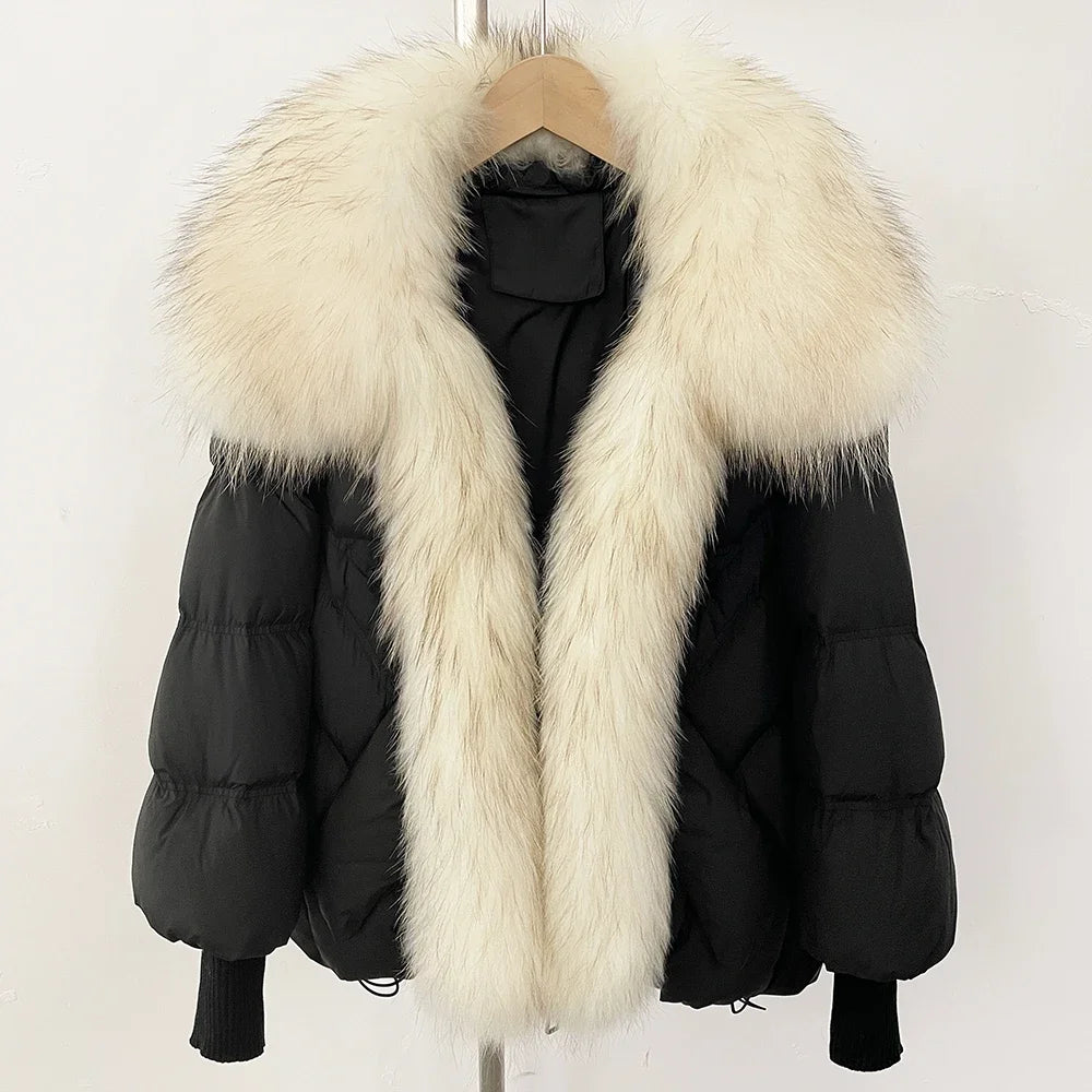 Puffer Coat Women Knit Sleeve Real Fur Coat New Winter Large Real Raccoon Fur White Duck Down Jacket Oversized Feather Parka