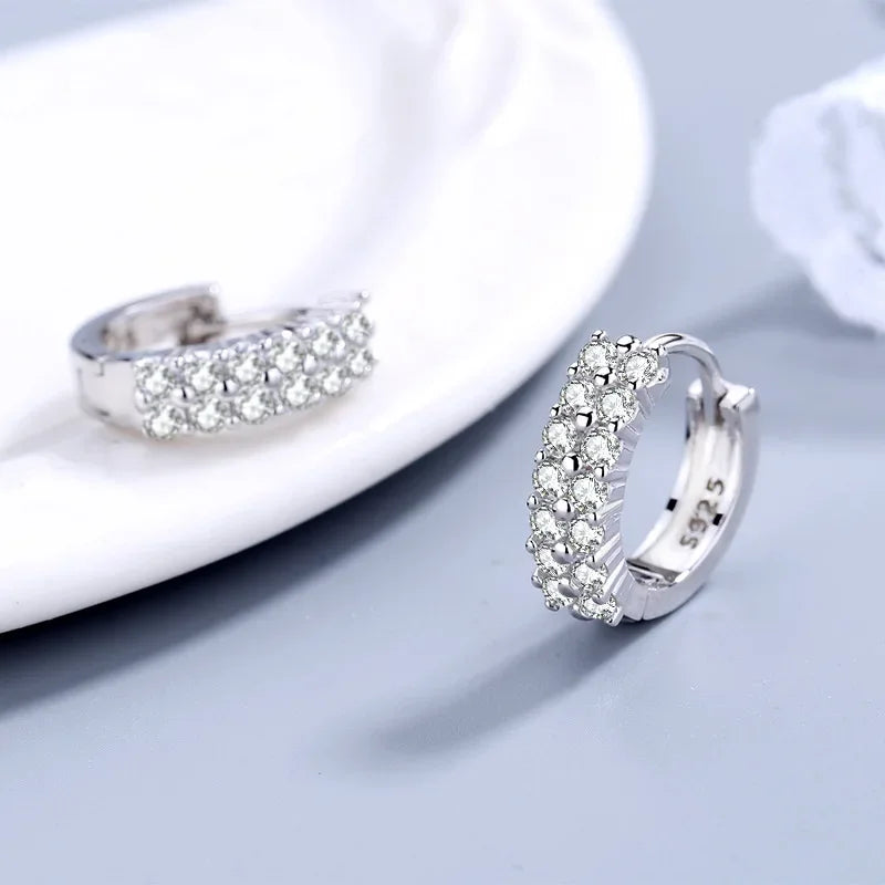 Fine 925 Sterling silver original Double row crystal Round Earrings Stud for women Fashion Jewelry Engagement Party Gifts