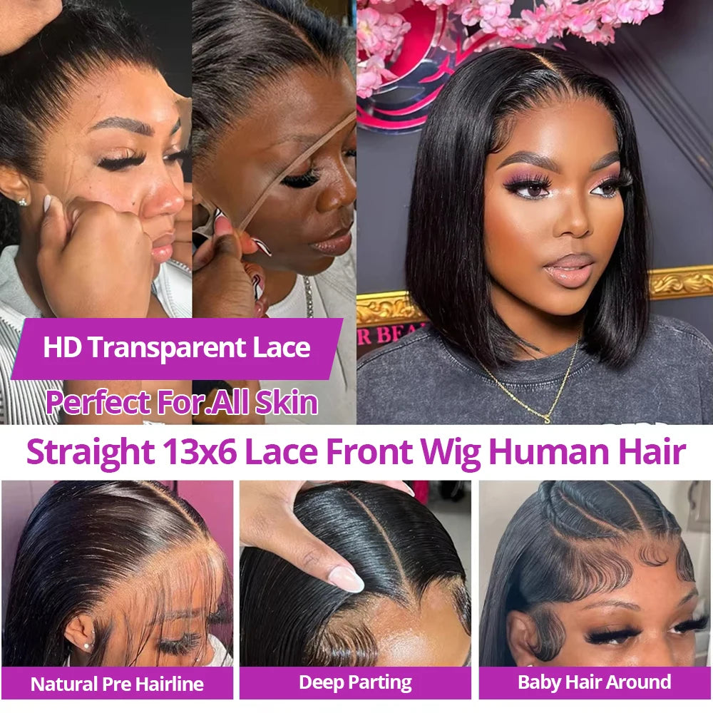 13x6 HD Lace Frontal Short Bob Wig Bone Straight Glueless Pre Cut 7x5 Closure Wig Ready to Wear 100% Human Hair Wig Preplucked