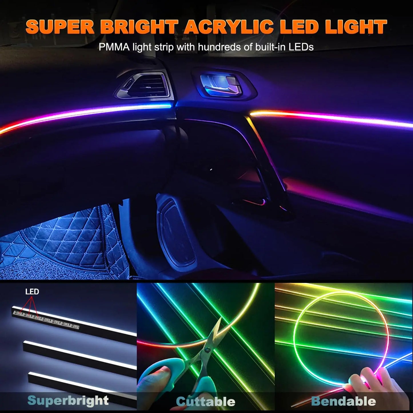 Universal Symphony Car Ambient Lights LED Interior RGB Streamer Atmosphere Lamp USB APP Control Remote for Tesla Model 3 Y S X