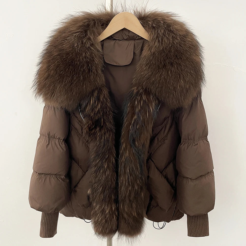 Puffer Coat Women Knit Sleeve Real Fur Coat New Winter Large Real Raccoon Fur White Duck Down Jacket Oversized Feather Parka
