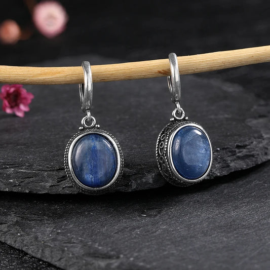 Oval Natural Kyanite Labradorite 925 Sterling Silver Hoop Earrings for Women Retro Party Dainty Earring Jewelry Wedding Gift