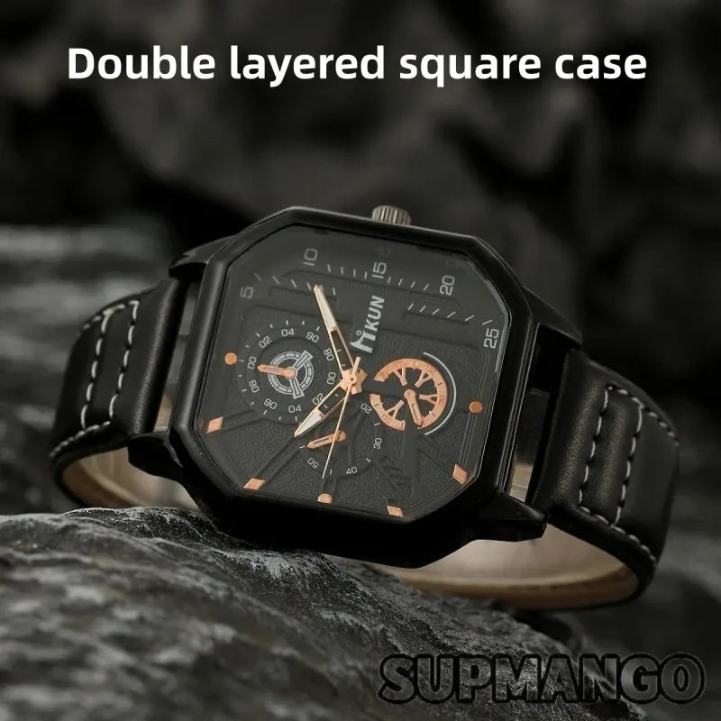 NEW Alloy Men Quartz Watches Leather Strap Big Dial Student Square Sports Watch Cool Black Men's Watch Waterproof Wristwatch