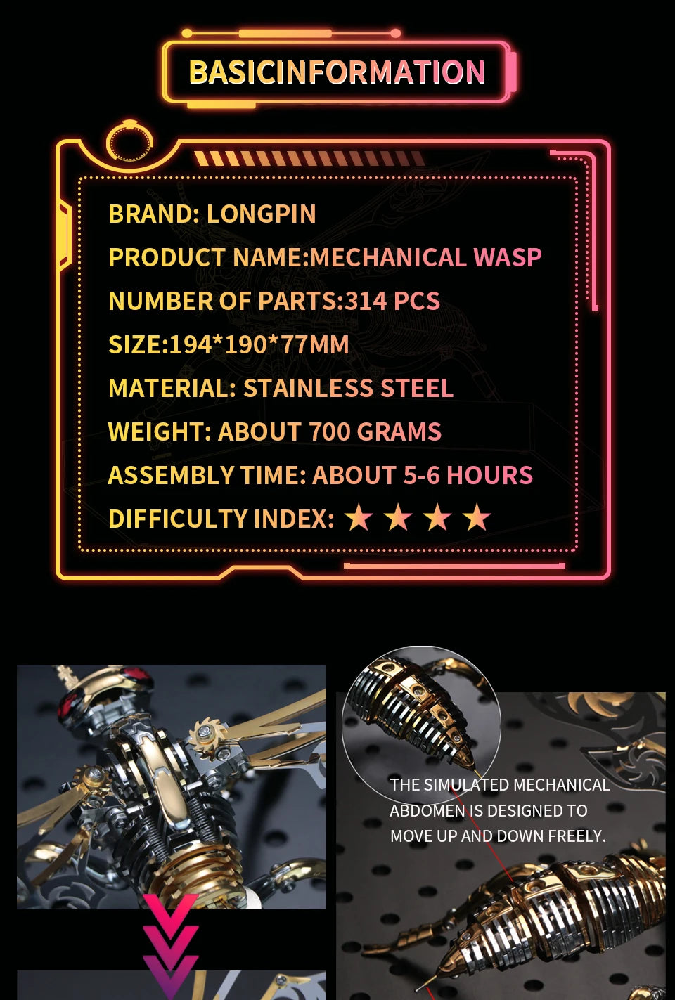 Punk 3D Wasp Stainless Steel Model Adult Assembly Kit Anti-Stress Metal Mechanical Insect Animal Toys Christmas Gift for Kids