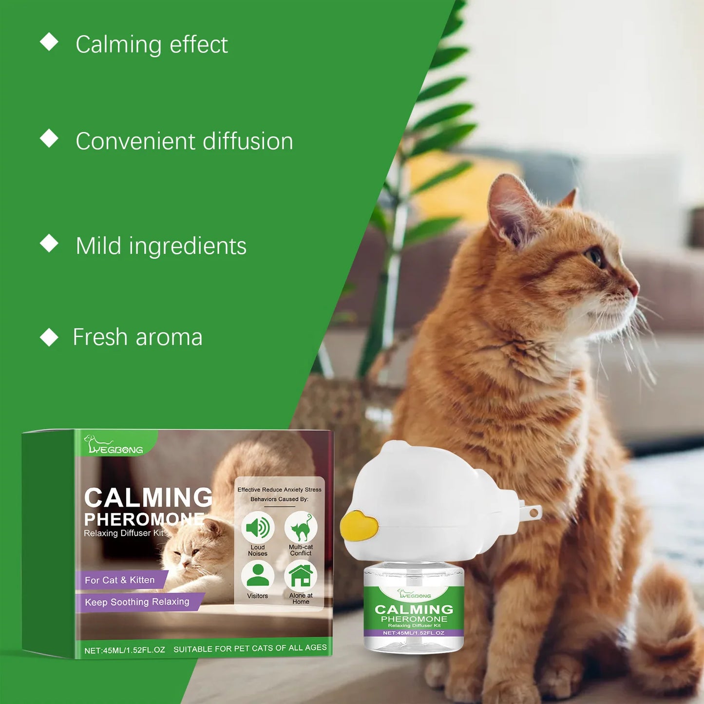 Cat Calming Diffuser: Plug-In Pheromone Relaxant for Cats - Reduces Anxiety & Prevents Howling, with Calming Liquid Included