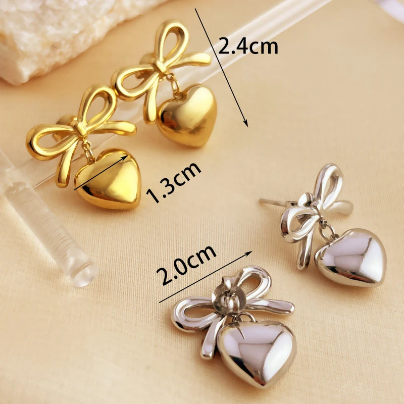 316L Stainless Steel New Fashion Fine Jewelry Minimalism 3 Colors Japanese Style Bowknot Heart Shaped Stud Earring For Women