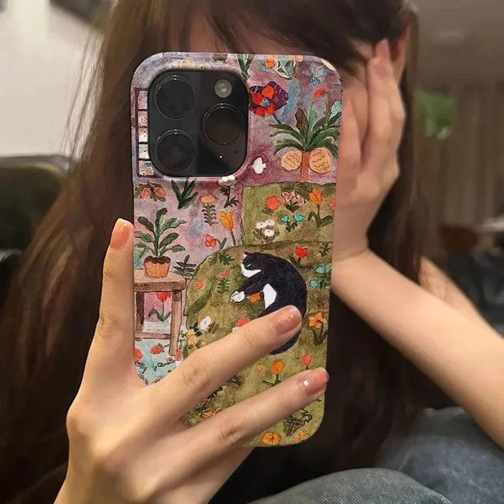Ins style oil painting flowers cat Phone Case for iPhone 16 15 14 13 12 11 Pro Max XS XR XSMax 7 8 Plus Glossy HD Hard PC Cover