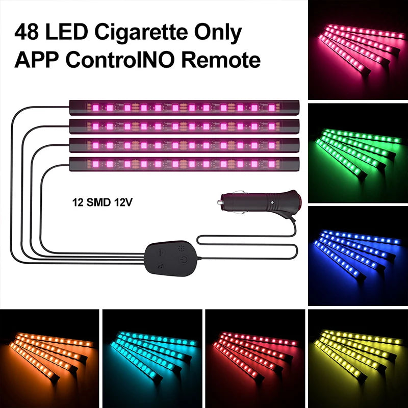 Car Interior Ambient Foot Light Neon LED  Strip Light With Remote Music App Control Auto RGB LED Light Kit  Accessories