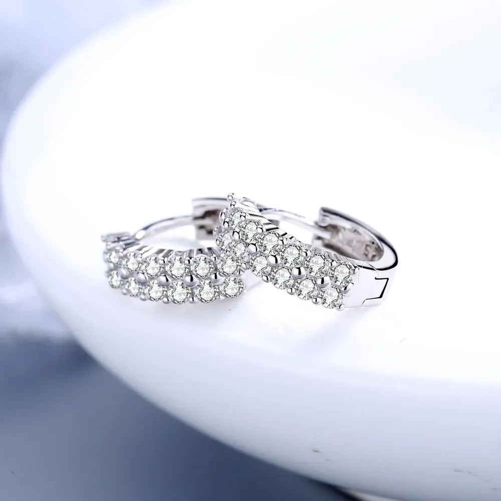 Fine 925 Sterling silver original Double row crystal Round Earrings Stud for women Fashion Jewelry Engagement Party Gifts