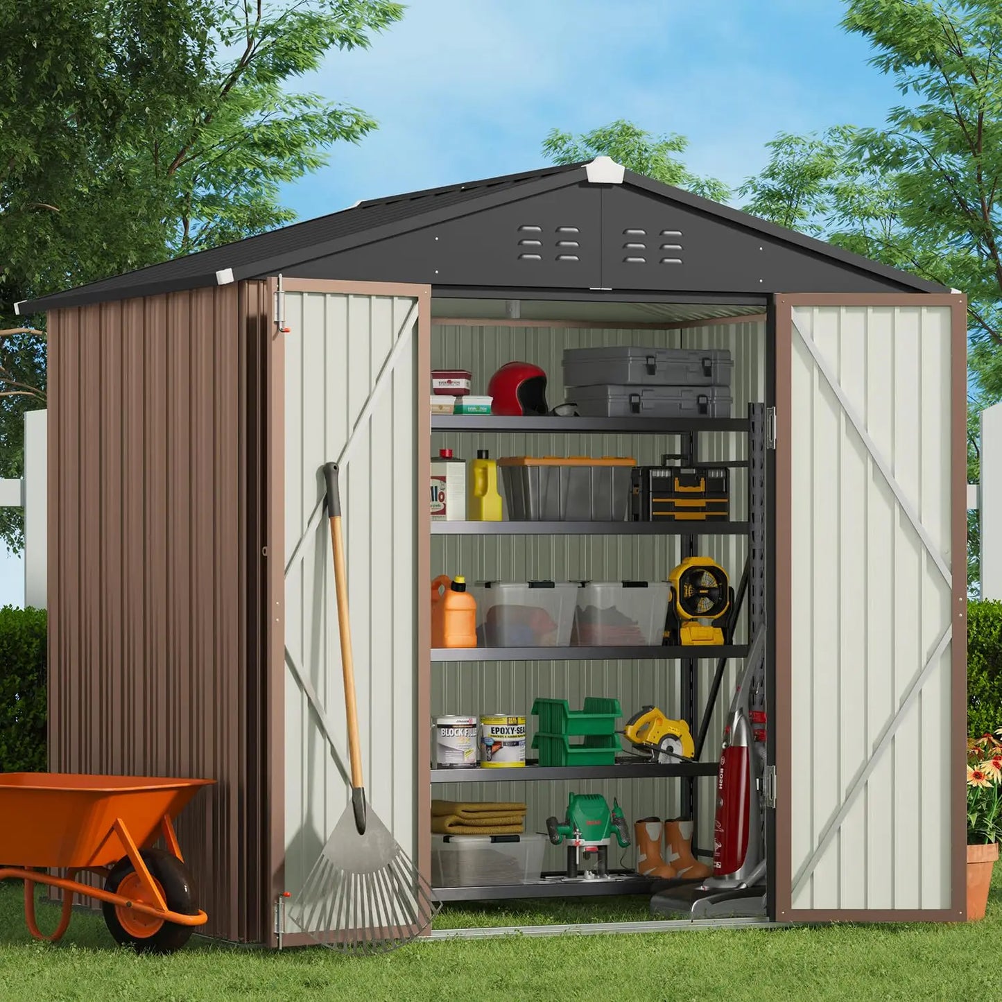 Outdoor Storage Shed 8 x 6 FT, Galvanized Metal Garden Shed with Double Lockable Doors, Outdoor Storage Clearance, Customized