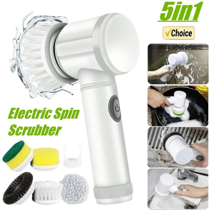 5in1 Electric Spin Scrubber Electric Cleaning Brush Cordless Power Scrubber with Replaceable Brush Heads Handheld Power Scrubber