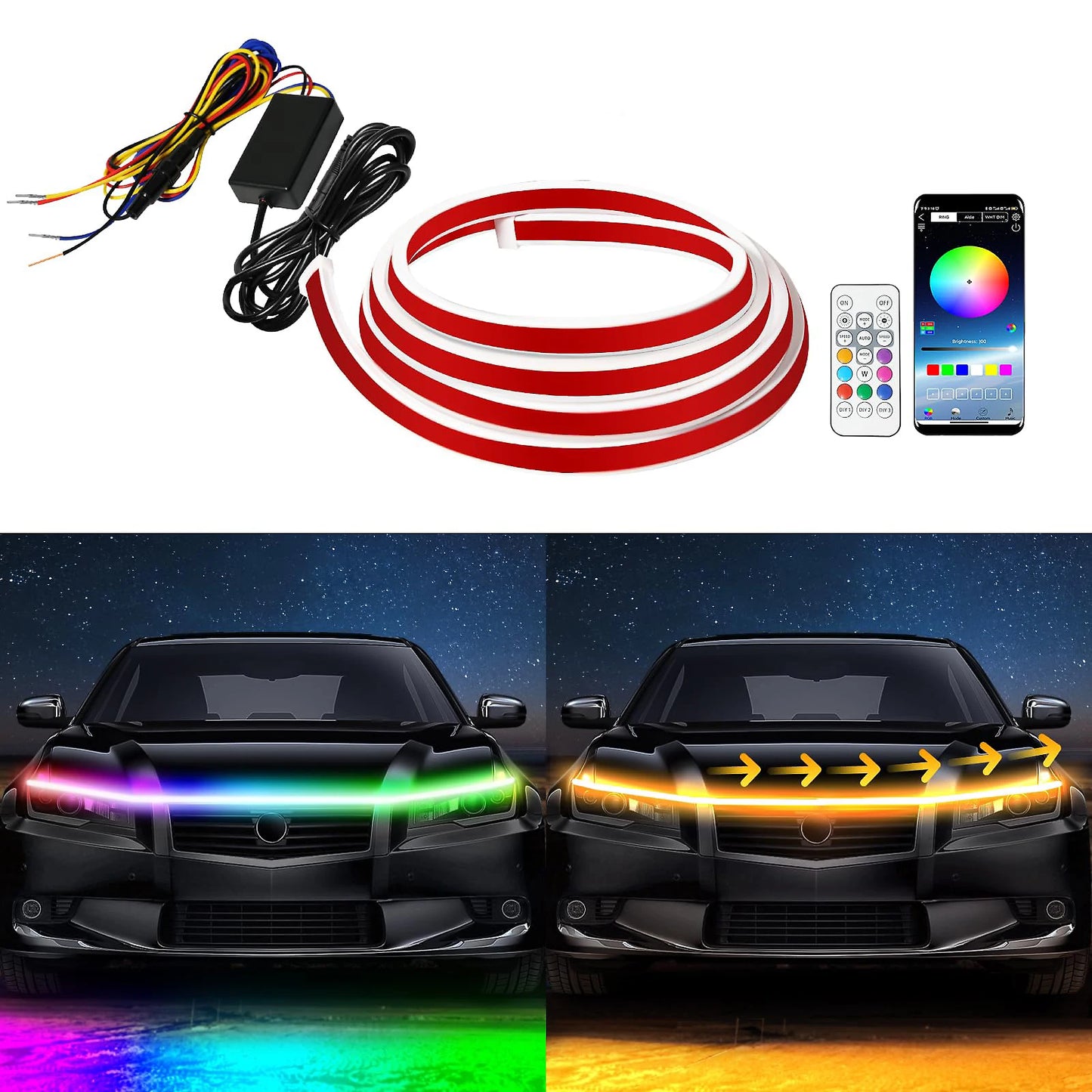RGB Car LED Hood Lights Strip Dynamic Neon DRL Scan Start Sequential LED Daytime Running Lights with Turn Signal App Control
