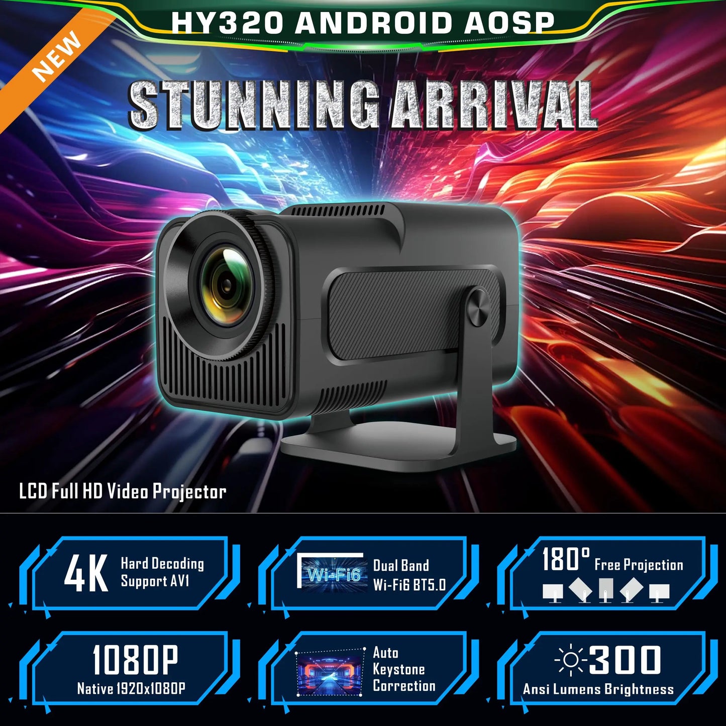 4K Smart Projector HY320 mini Android 11 Dual Wifi6 200 ANSI Allwinner H713 BT5.0 1080P 1980*1080P Home Cinema Outdoor Projetor