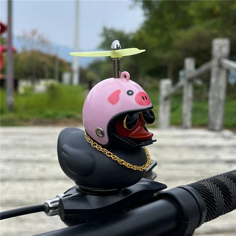 Duck Car Ornaments, Black Duck Car Dashboard Decorations Squeeze Duck Bicycle Horns with Propeller Helmet for Sport Outdoor