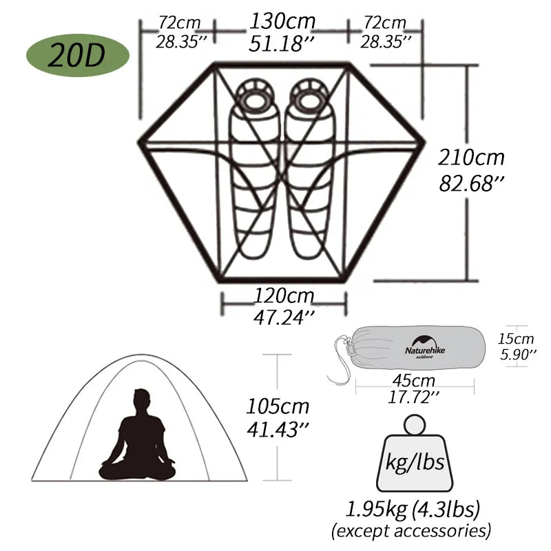 Naturehike Cloud Peak 2 People Tent T-type Zipper Camping Tent 20D Nylon Tent Double Layers Hiking Travel Backpacking Tent