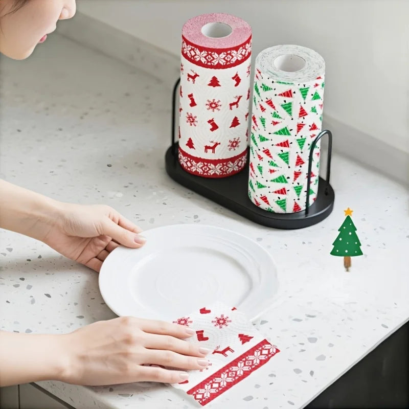 4Pcs Christmas Kitchen Paper Towels, Thick Three-Layer Roll Paper, Disposable Kitchen Cleaning Wet and Dry Dual-Use Household Thick Roll Paper, Disposable Kitchen Paper Towels, Washable Wet and Dry Dual-Use, Cleaning Supplies