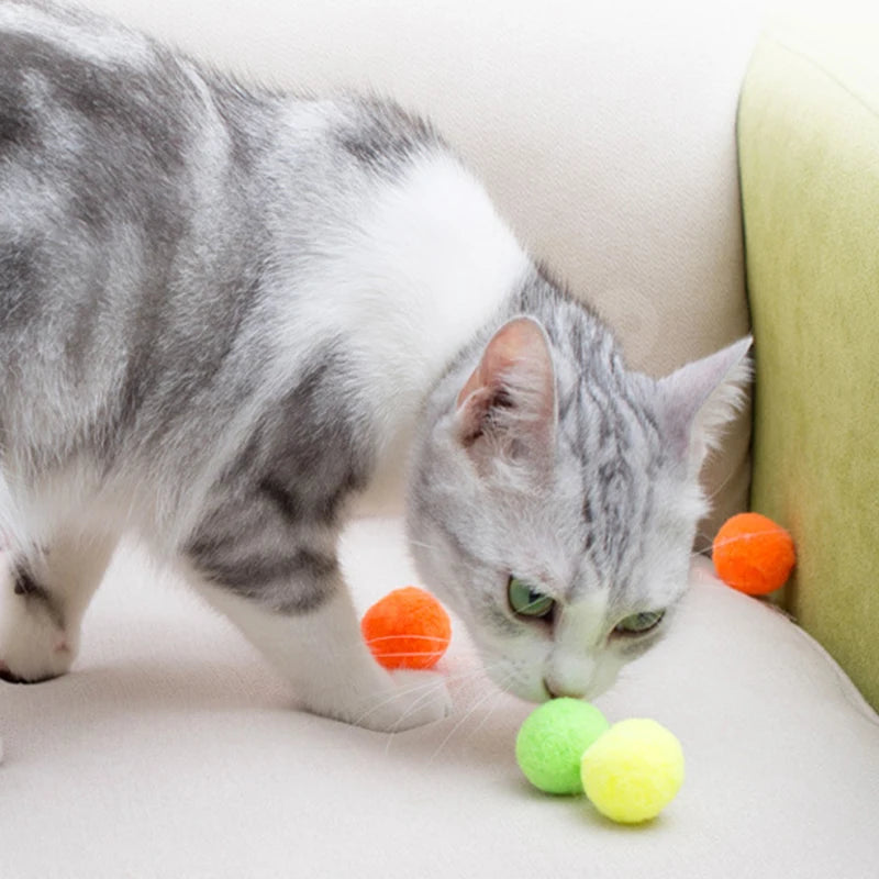 0.98in Cat Toys Launch Training Stretch Plush Ball Interactive Creative Colorful Kitten Pom Pom Cat Toy Ball Pet Accessories