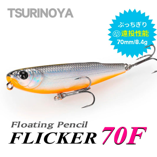 TSURINOYA FLICKER 70F Surface Fishing Lure Z Dog Floating Pencil 70mm 8.4g Chatter Artificial Hard Baits Trout Bass Pike Plug