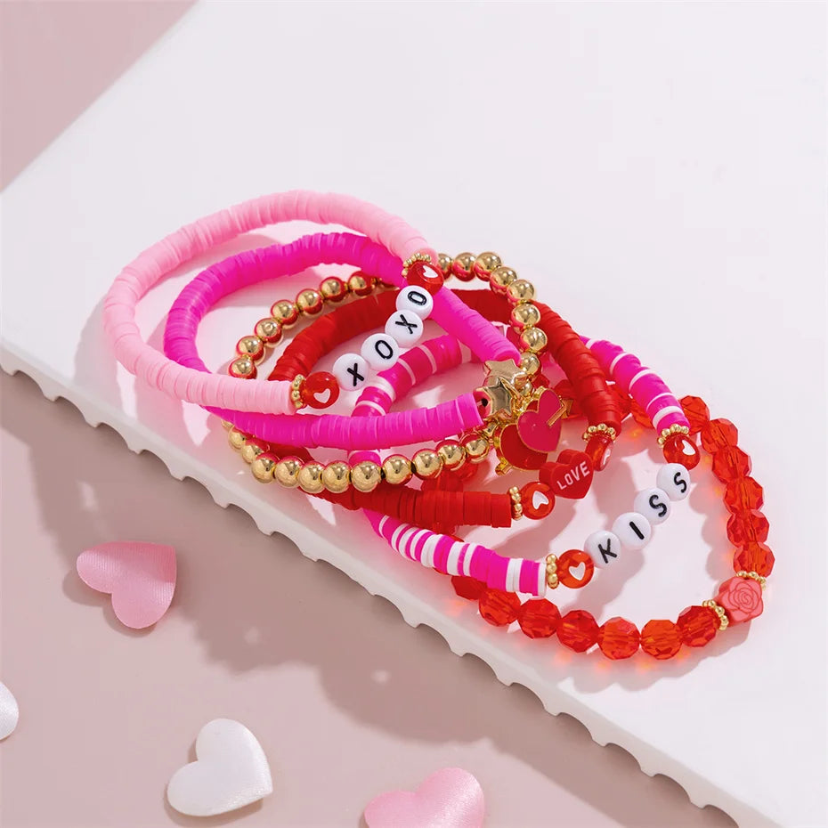 Happy Valentine's Day Card Colorful Polymer Clay Soft Chain Bracelets for Women Kpop Two Heart Bangles Couple Friends Jewelry