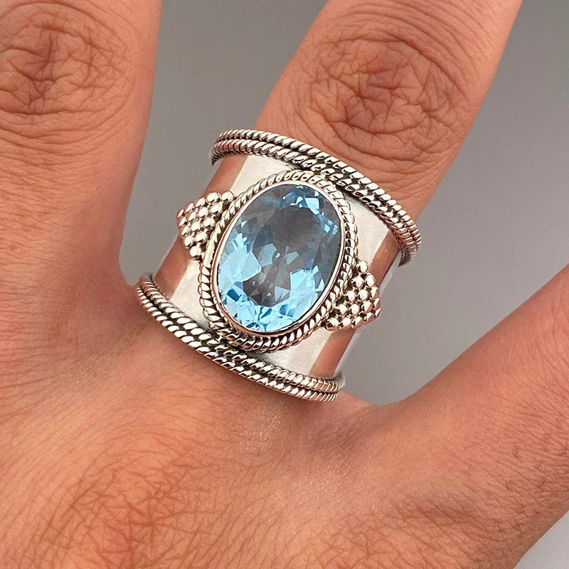 Huitan Gorgeous Silver Color Wide Ring Female Luxury Party Accessories Bright Blue Cubic Zirconia Finger Jewelry for Anniversary