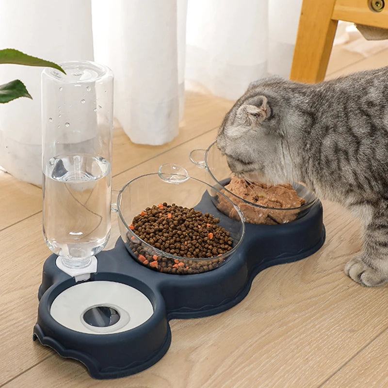 Cat Automatic Feeder Double Bowl3 In 1 Water Dispenser Dog Food Container Drinking Raised Stand Dish Pet Waterer Feeder Security