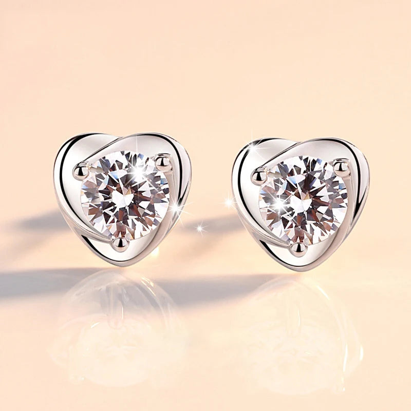 Genuine 925 Sterling Silver Fshion Jewelry Crystal Heart Stud Earrings For Women New XY0208