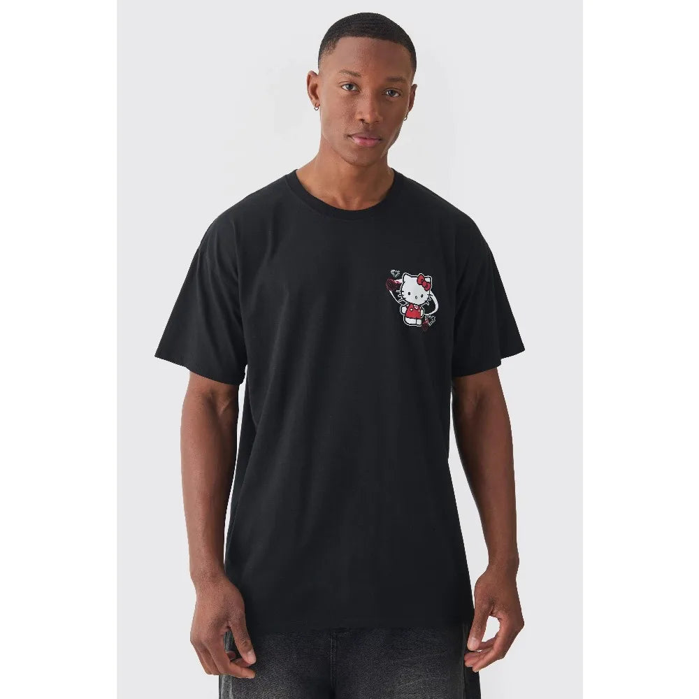 MINISO Hello Kitty Print T-shirt Men Women Street Hip Hop Cotton Short Sleeves Street Loose Couple Over-sized Soft Clothing Tee
