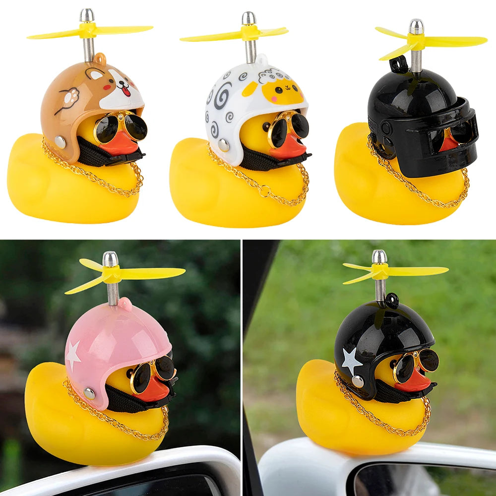 Rubber Duck Toy Motorcycle Bicycle Car Ornaments Yellow Duck Car Dashboard Decorations Cool Glasses Duck with Propeller Helmet