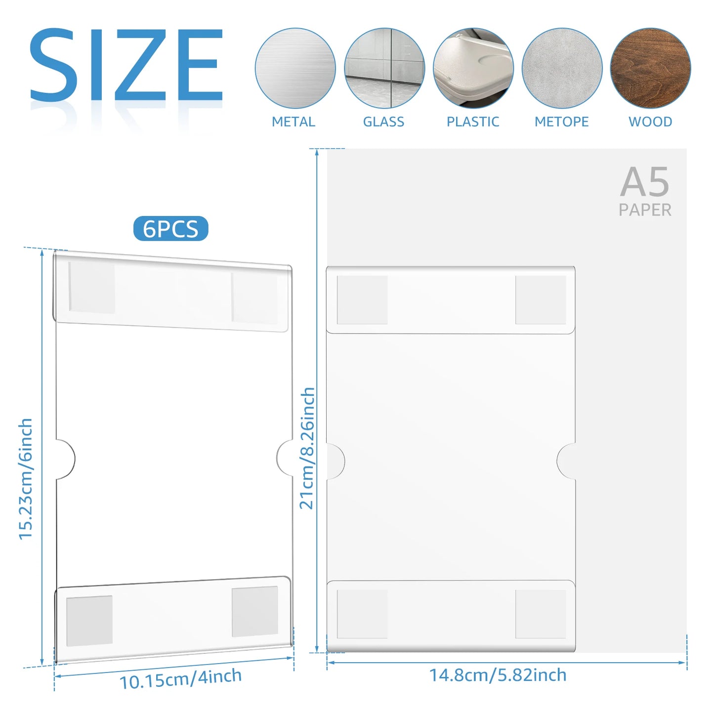 6Pcs Acrylic Picture Frames 4 x 6 inch Clear Photo Frame Self-Adhesive Frameless Picture Frames for Wood Glass Wall Exhibitions