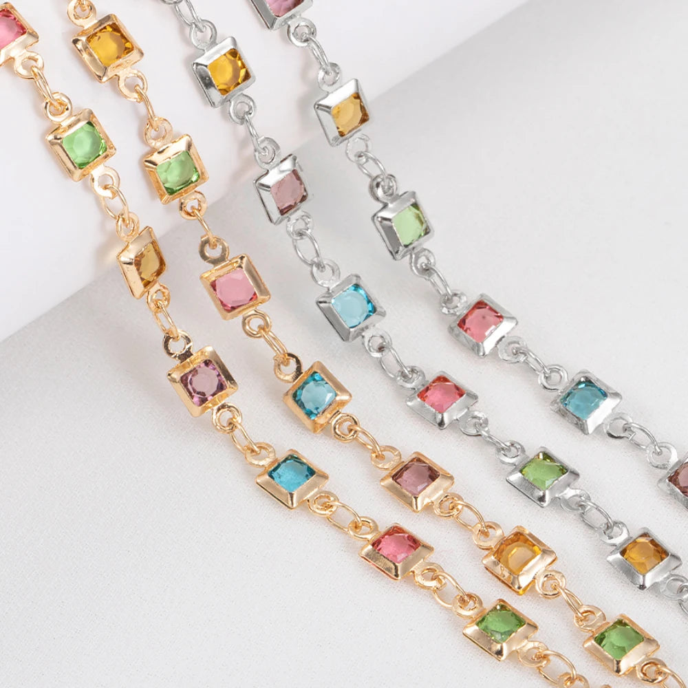 1meter 4mm Square Crystal Bead Copper Chains Dopamine Rhinestone Glass Bead Necklace Chain Supplies for DIY Jewelry Making