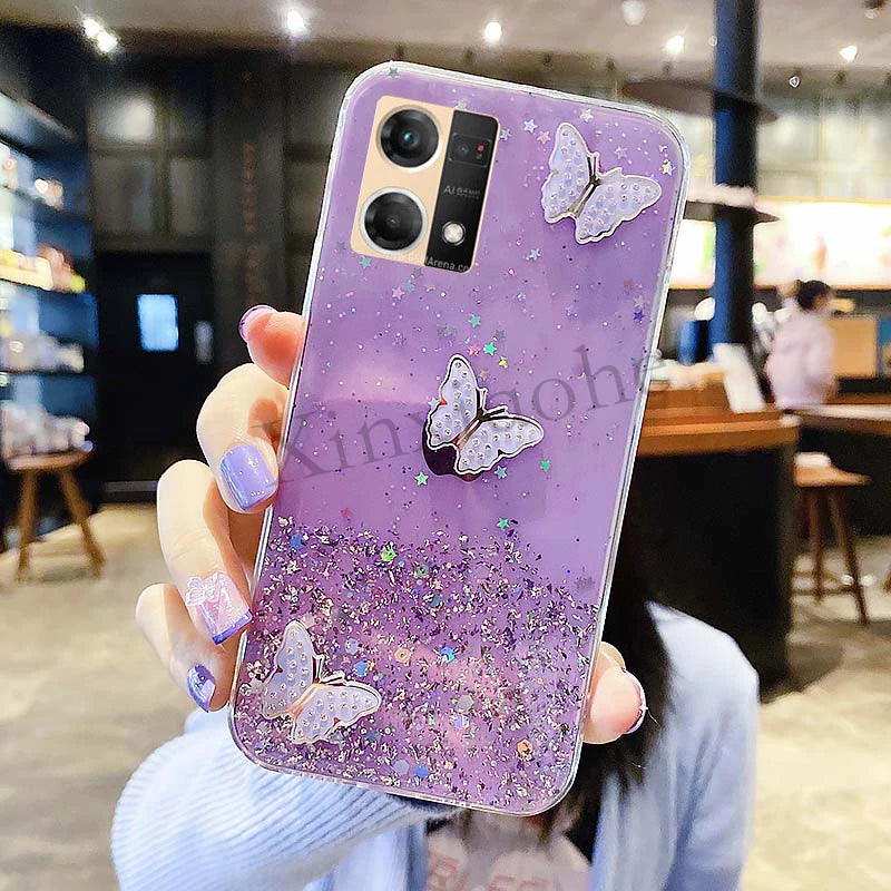 Phone case for OPPO Reno7 4G butterfly Soft Transparent Bling Glitter cover Reno 7 4G