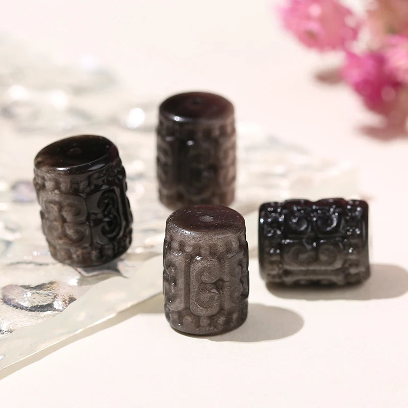 1 Pc Natural Silver Obsidian Carved Patterned Cylindrical Shape Bead For Jewelry Making Diy Necklace Bracelet Accessory Pendant