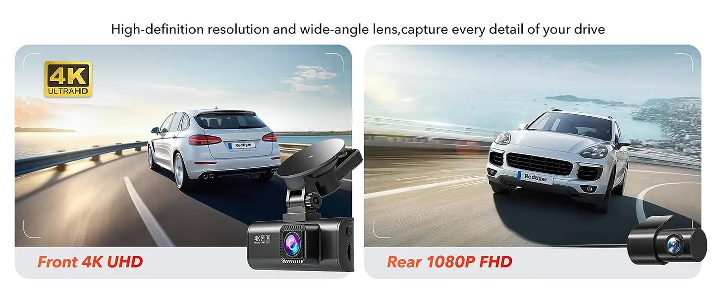 REDTIGER 4K Dash Camera Front and Rear WiFi Car Dvr Dual Car Camera  Easy To Install Car Camera Recorder Touched GPS