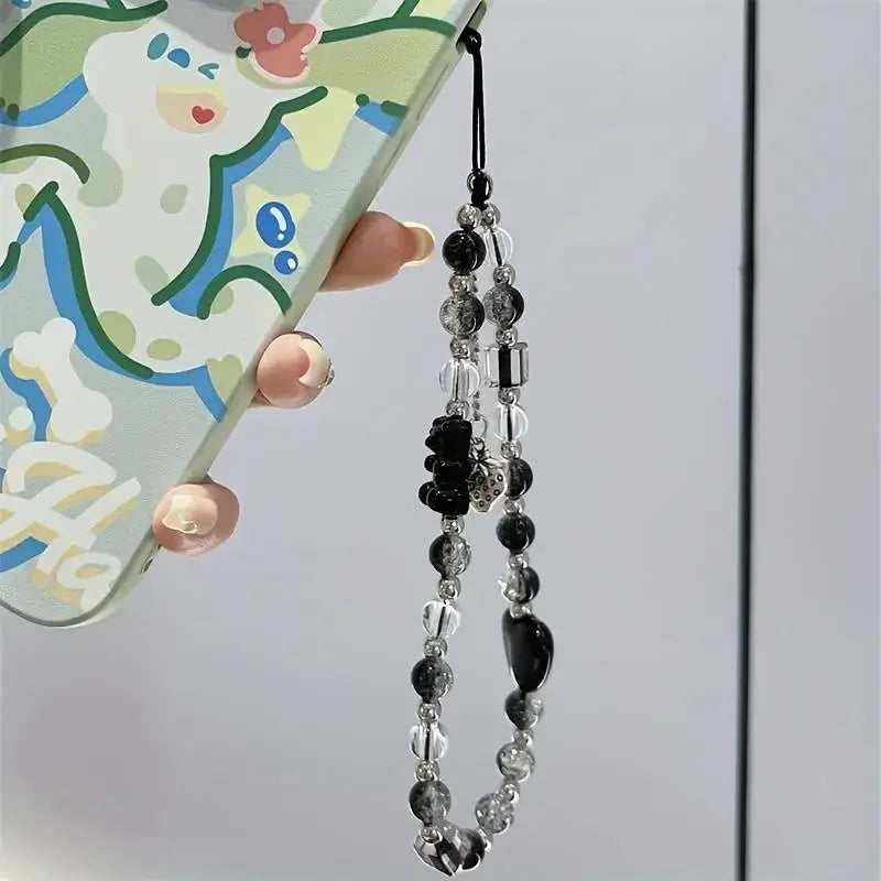 Black Strawberry Bear Love Phone Chain Charm Wrist Strap Keycord Cellphone Lanyard Girl Keychain Mobile Phone Case Hanging Chain