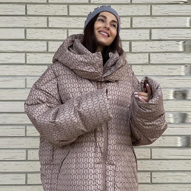 Print Puffy Women Winter Coats Casual Hooded Zipper Pocket Parkas Padded Jackets Vintage Lightweight Lady New In Outerwear