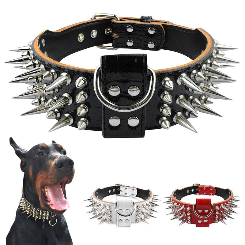 Wide Leather Dog Collar Sharp Spike Studded Big Dog Collars Pet Training Necklace For Large X-Large Dogs Rottweiler Pitbull 2.0"