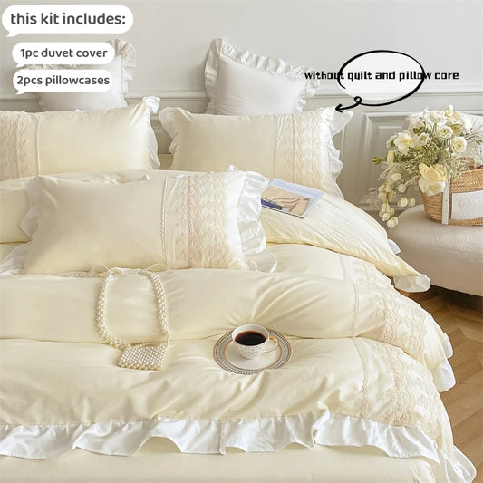 3pcs Princess style pillowcase set, duvet cover set with pillowcases, Lace bedding set, king and double, beige