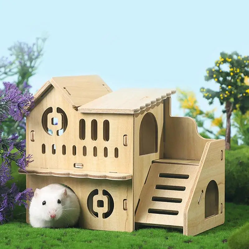 Hamster Nest Hiding House Solid Wood Small House Stair Platform Climbing Ladder Golden Bear Cage Hamster Hideout Wooden Habitat