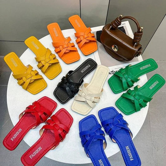 Retro Women Roman Summer Women Slippers Woven Design Flat Heels Squared Toe Soft Bottom Flip Flops Beach Ladies Slides Plus Size