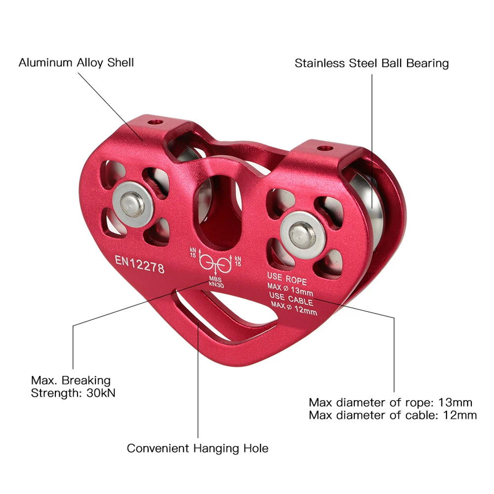 Lixada 30KN Zip Line Cable Trolley Outdoor Climbing Hauling Zipline Fast Speed Dual Pulley with 25kN Screw Locking Carabiner