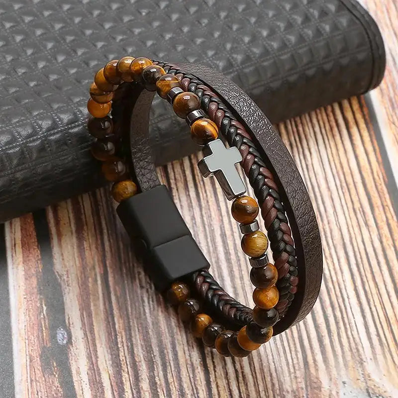 Fashion Braided Rope Woven Multilayer Leather Men Bracelets Punk Mental Magnet Bangle for Friend Charm Jewelry Gifts
